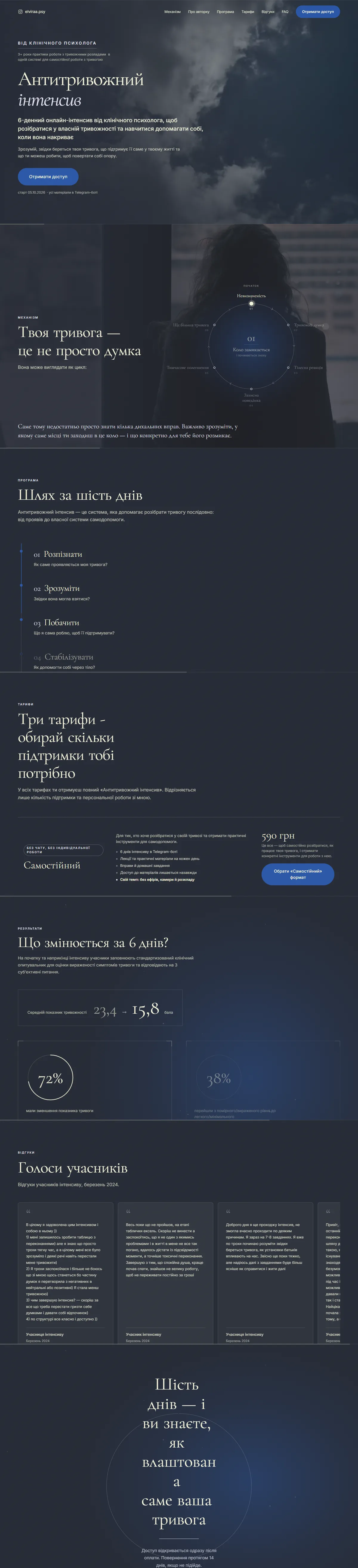 Сайт Антитривожний інтенсив — Лендинг психологині з власною CMS